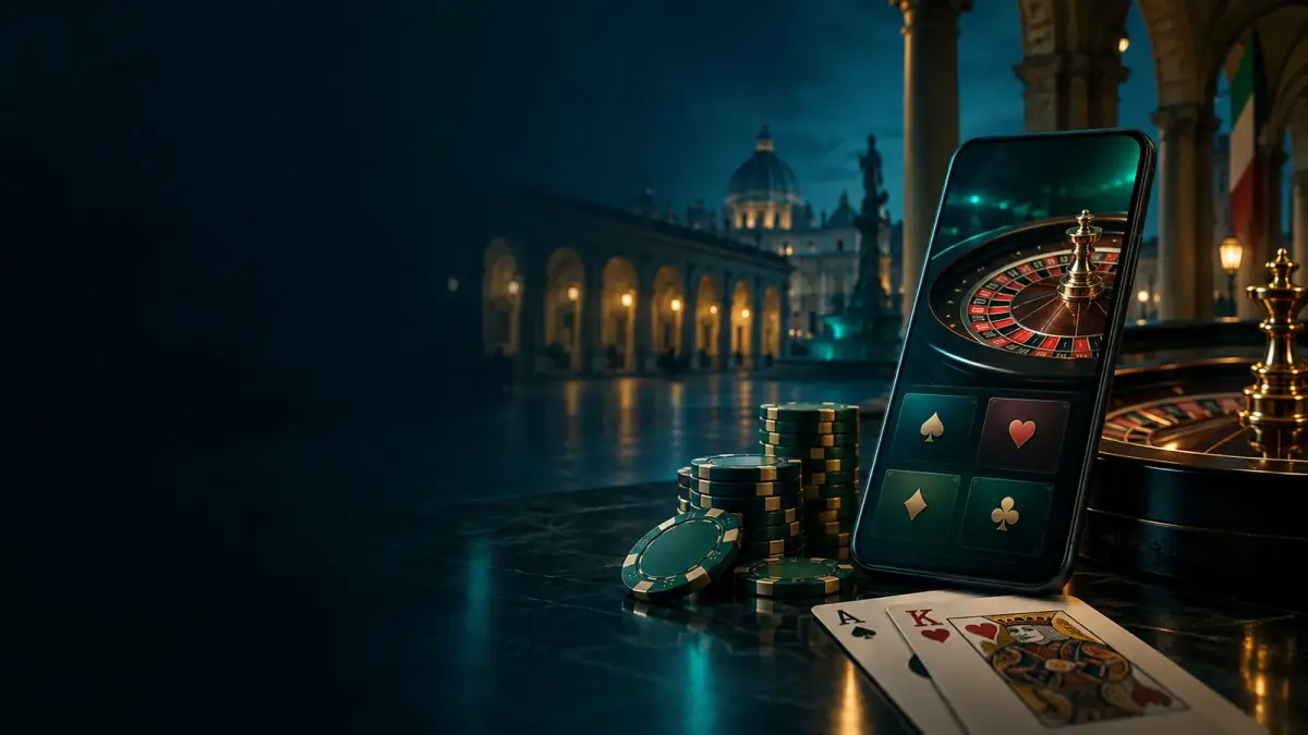 Atmosfera di casinò digitale in una piazza italiana di sera
